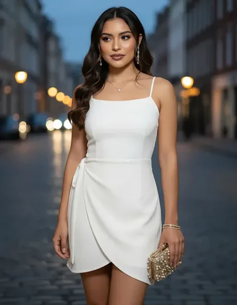 Vestido Formal Corto Blanco Marfil Atado A La Cintura
