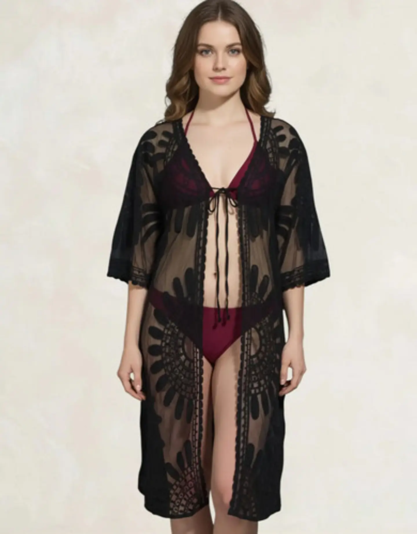 Kimono Túnica Salida De Baño De Tul Bordado 1