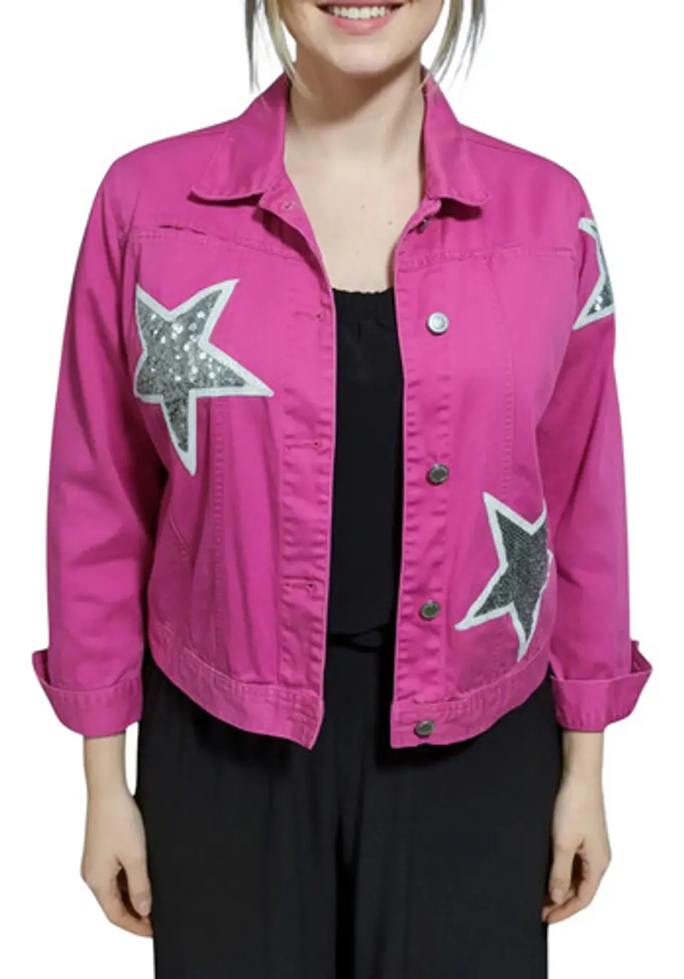 Chaqueta De Mezclilla Fucsia Con Lentejuelas Decorativas 2