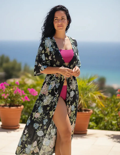 Kimono Largo Floreado Negro Salida De Playa Mujer Talla M