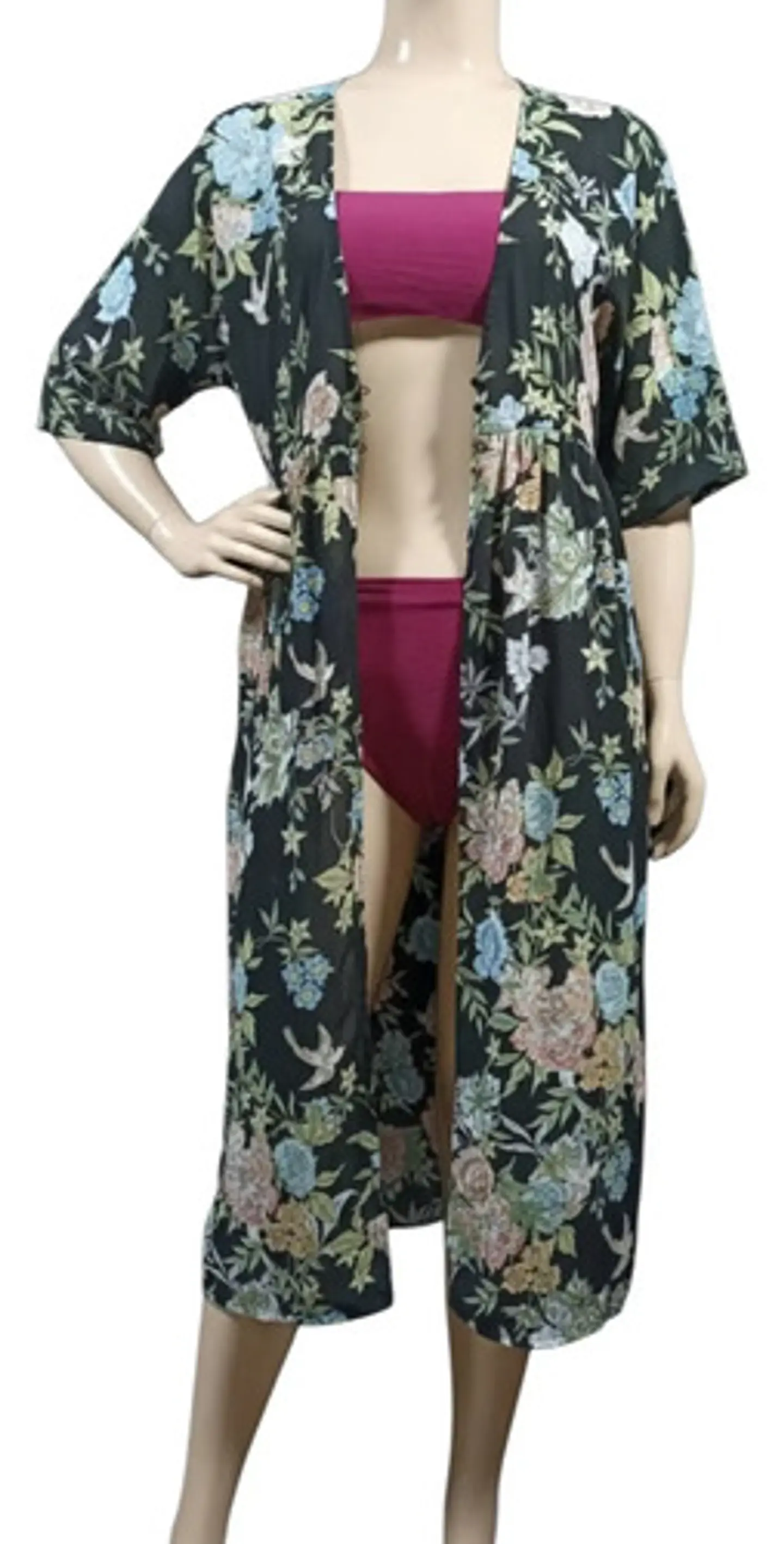 Kimono Largo Floreado Negro Salida De Playa Mujer Talla M 2