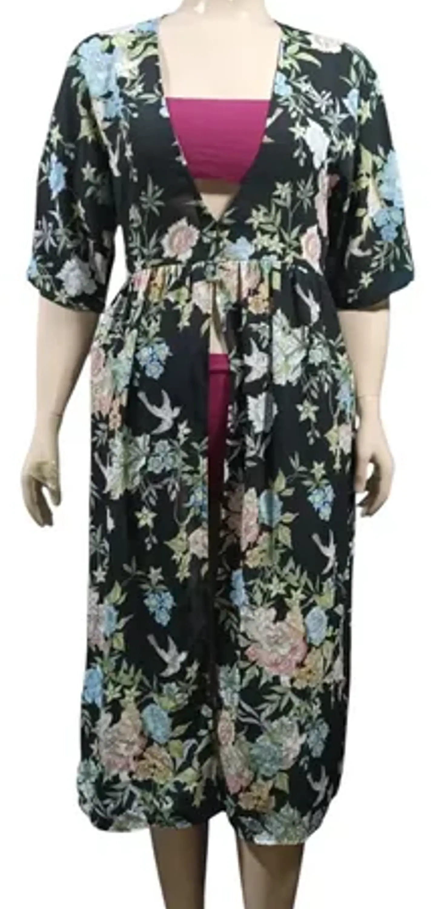 Kimono Largo Floreado Negro Salida De Playa Mujer Talla M 3