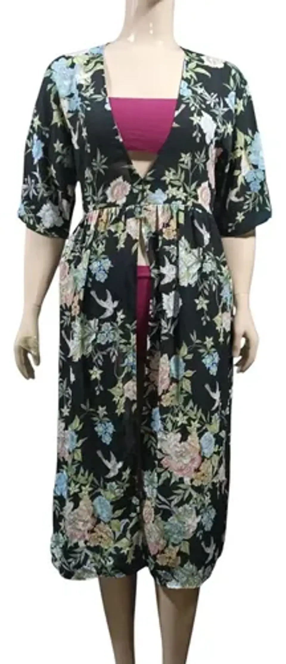 Kimono Largo Floreado Negro Salida De Playa Mujer Talla M 3