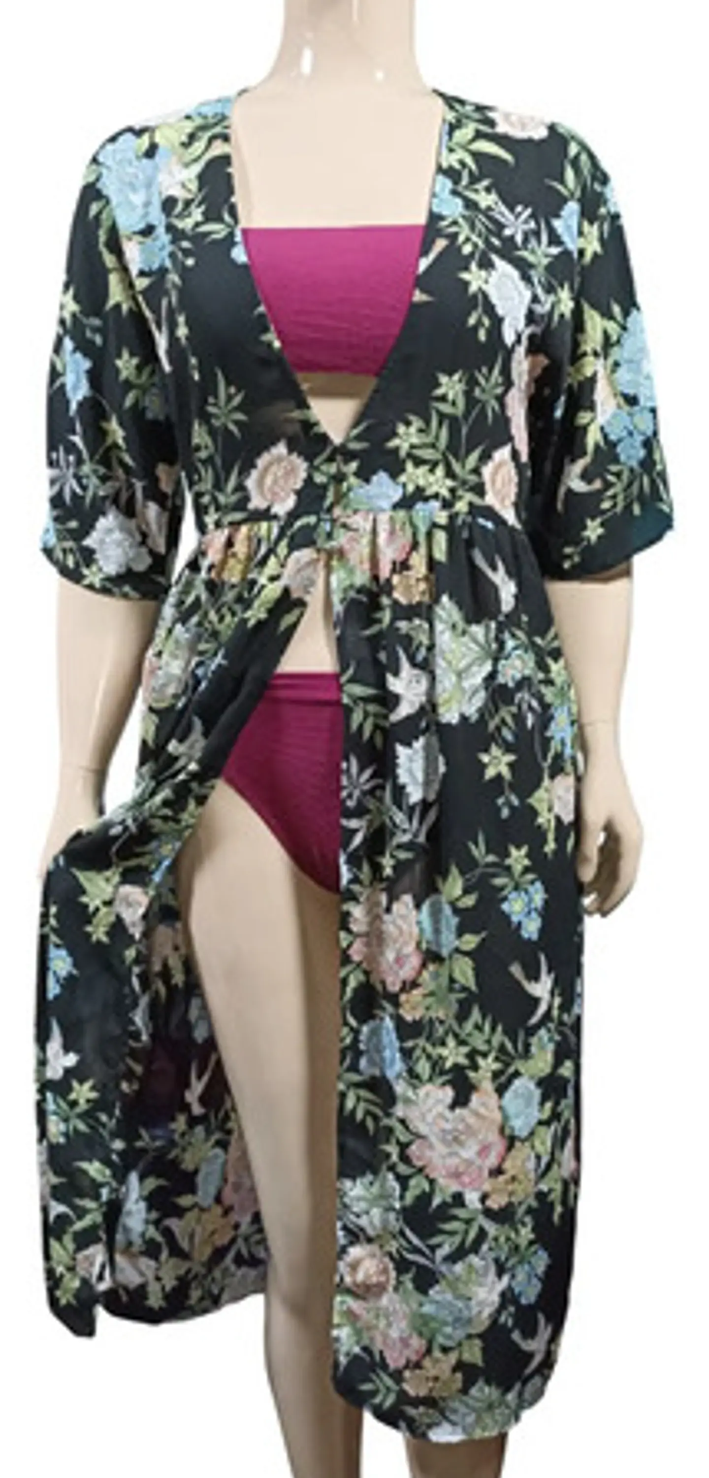Kimono Largo Floreado Negro Salida De Playa Mujer Talla M 4