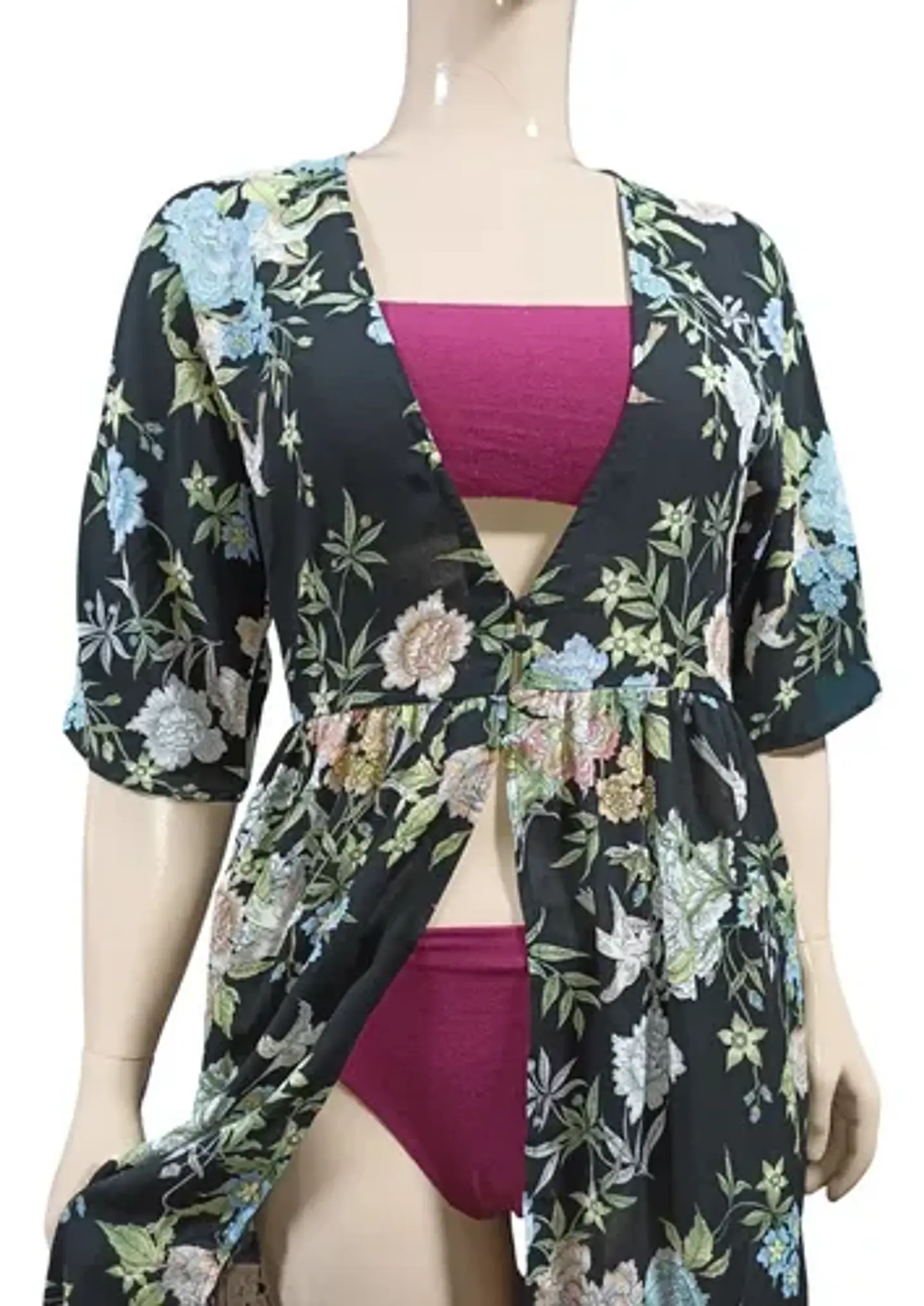 Kimono Largo Floreado Negro Salida De Playa Mujer Talla M 6