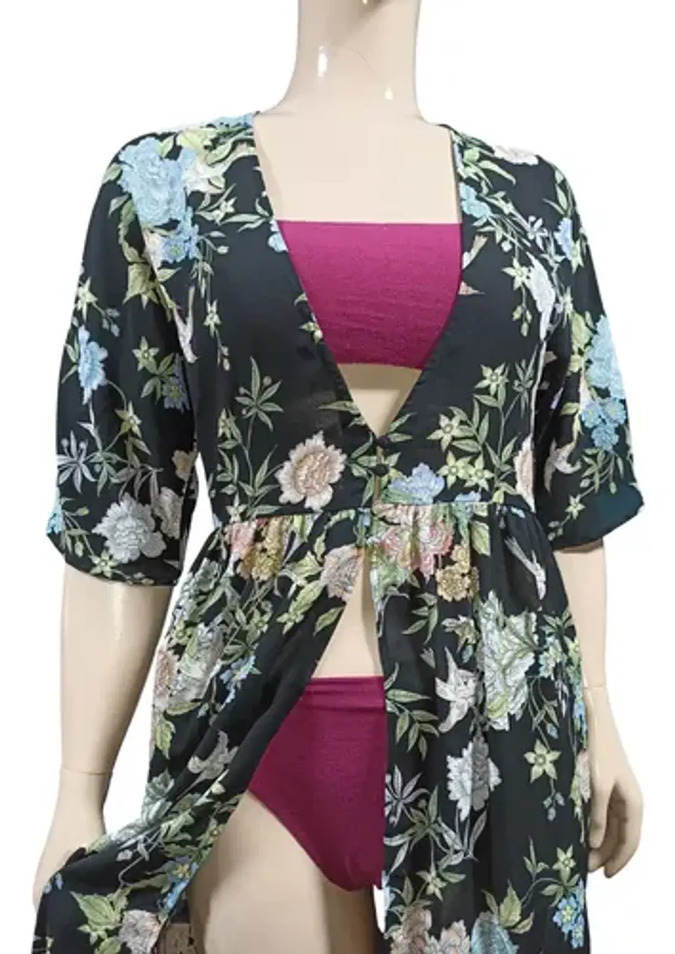 Kimono Largo Floreado Negro Salida De Playa Mujer Talla M 6