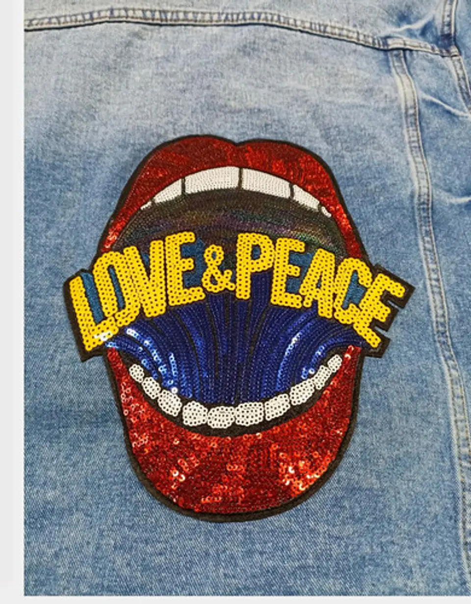 Chaqueta Mezclilla Unisex Con Parche De Lentejuelas Talla L 8