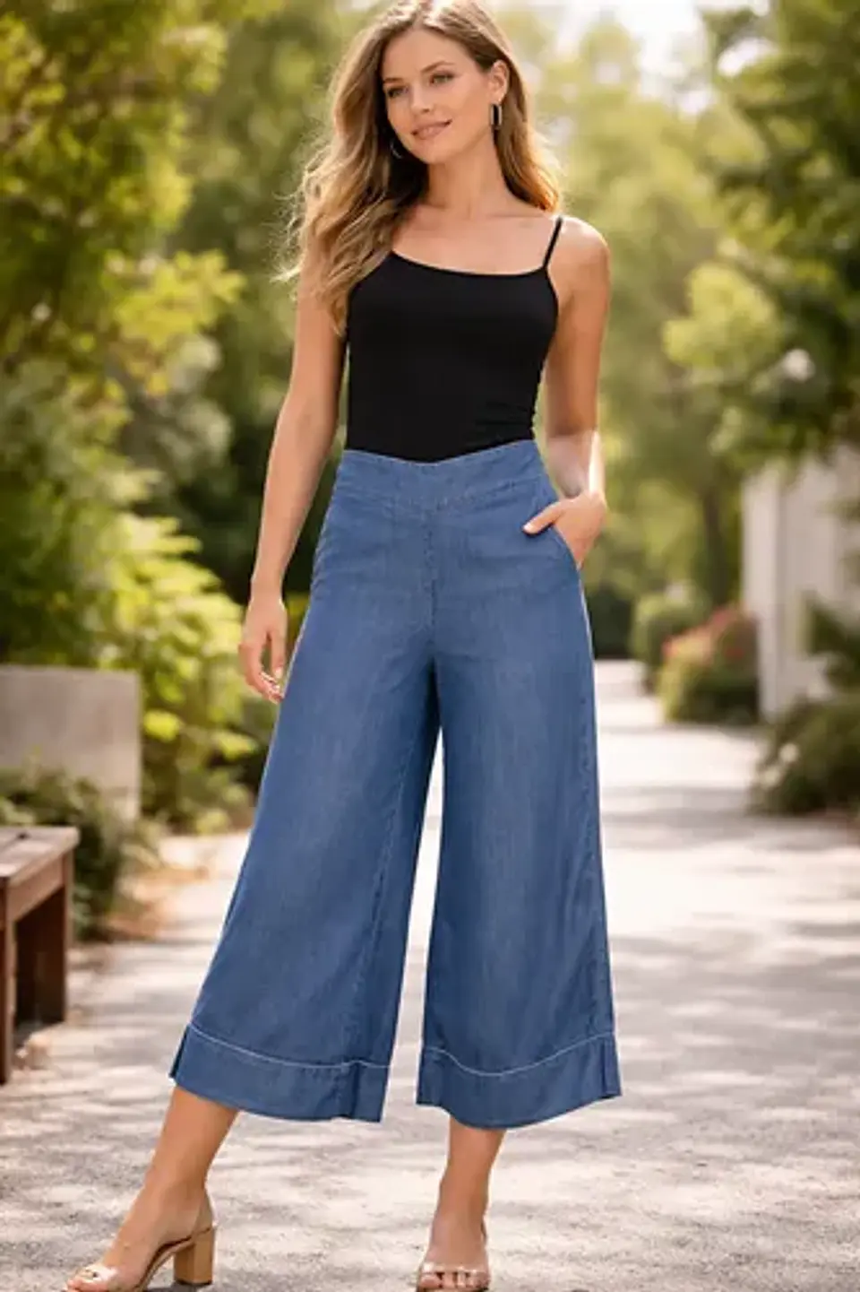 Pantalón Culotte Tencel De Tiro Alto Para Mujer Talla 40 - M 1
