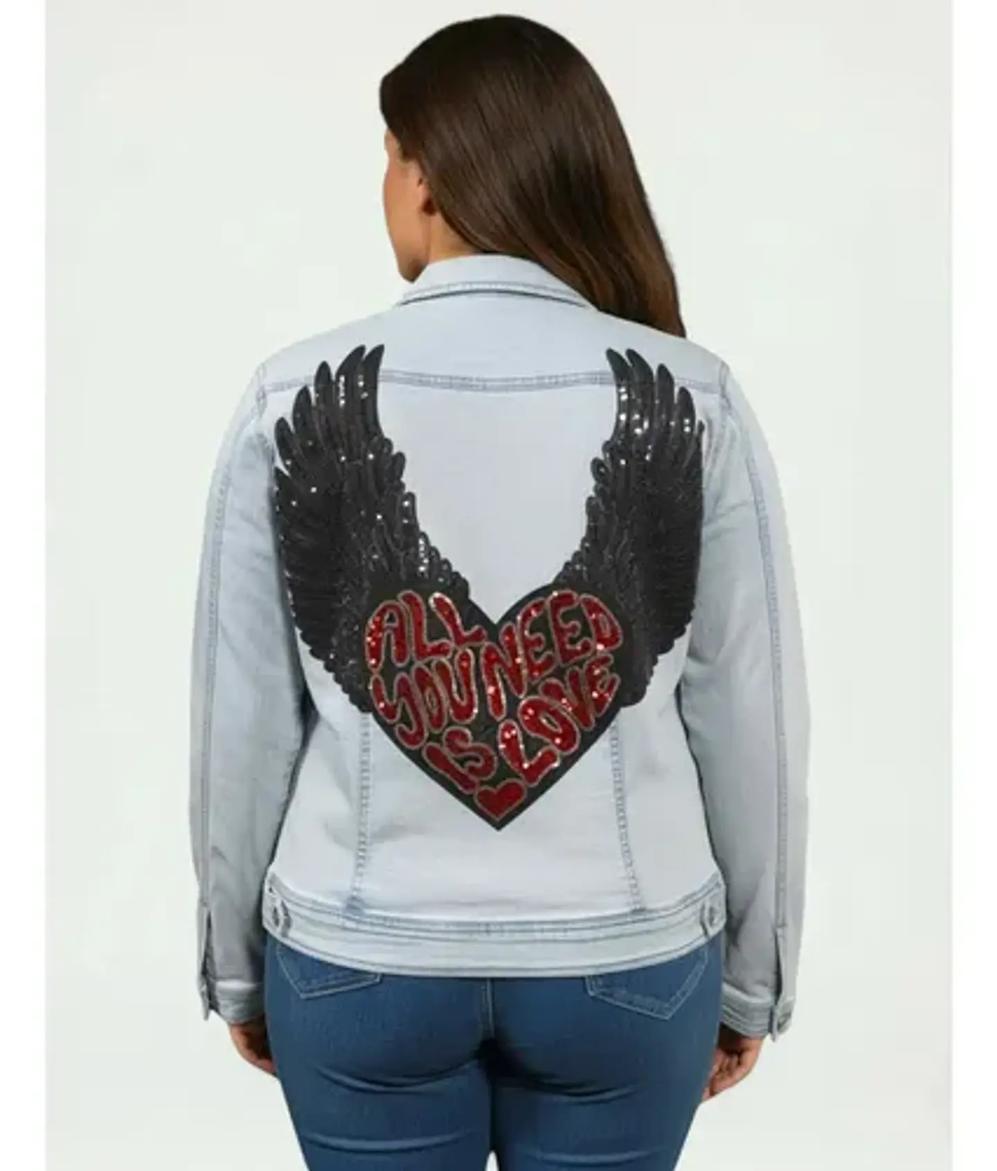 Chaqueta De Mezclilla Con Alas Y Corazon De Lentejuelas Xl 1