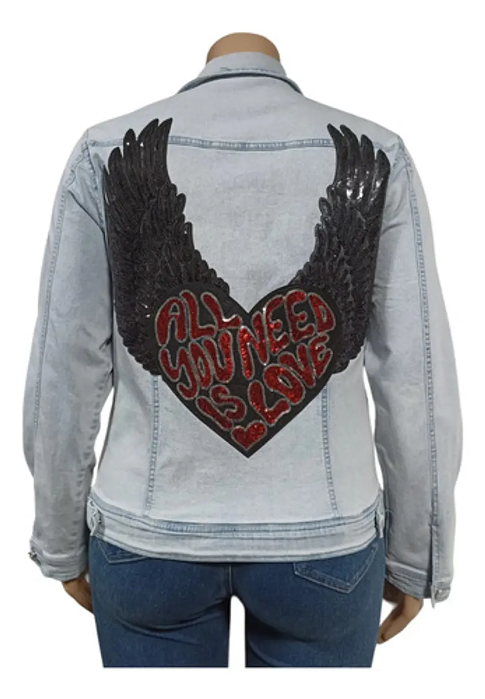 Chaqueta De Mezclilla Con Alas Y Corazon De Lentejuelas Xl 4