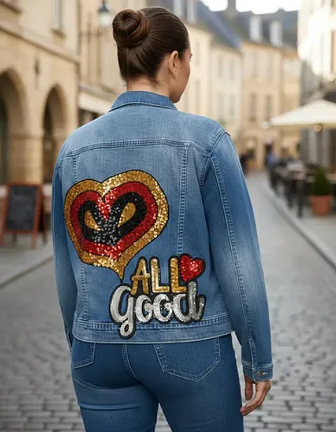 Chaqueta Mezclilla Con Parche Lentejuelas Talla Grande 2xl
