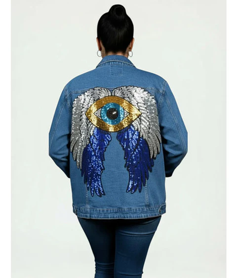 Chaqueta Mezclilla Alas Y Ojo Turco De Lentejuelas Xl - 2xl