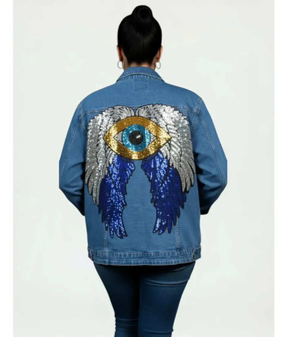 Chaqueta Mezclilla Alas Y Ojo Turco De Lentejuelas Xl - 2xl 1