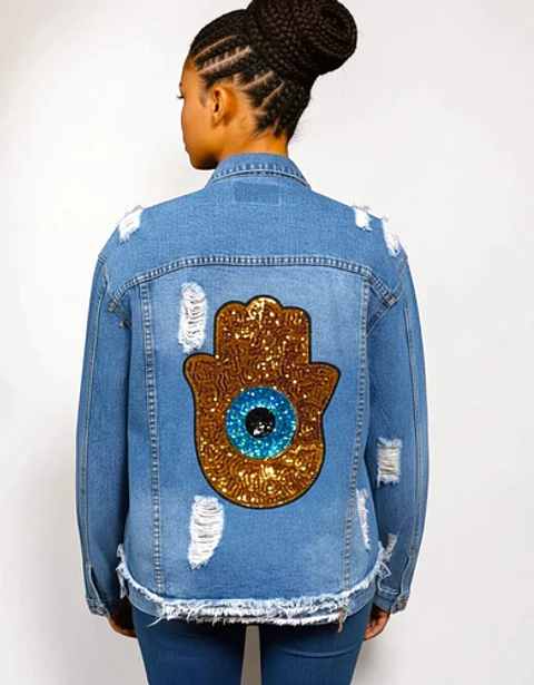 Chaqueta Mezclilla Unisex Roturas Y Mano De Hasma Lentejuela
