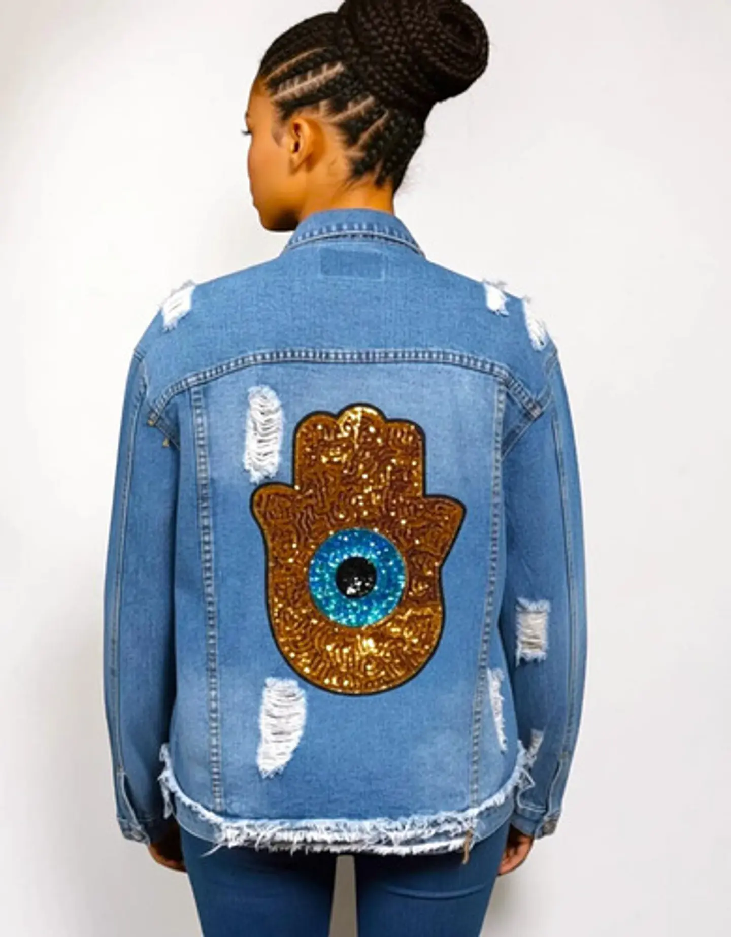 Chaqueta Mezclilla Unisex Roturas Y Mano De Hasma Lentejuela 1