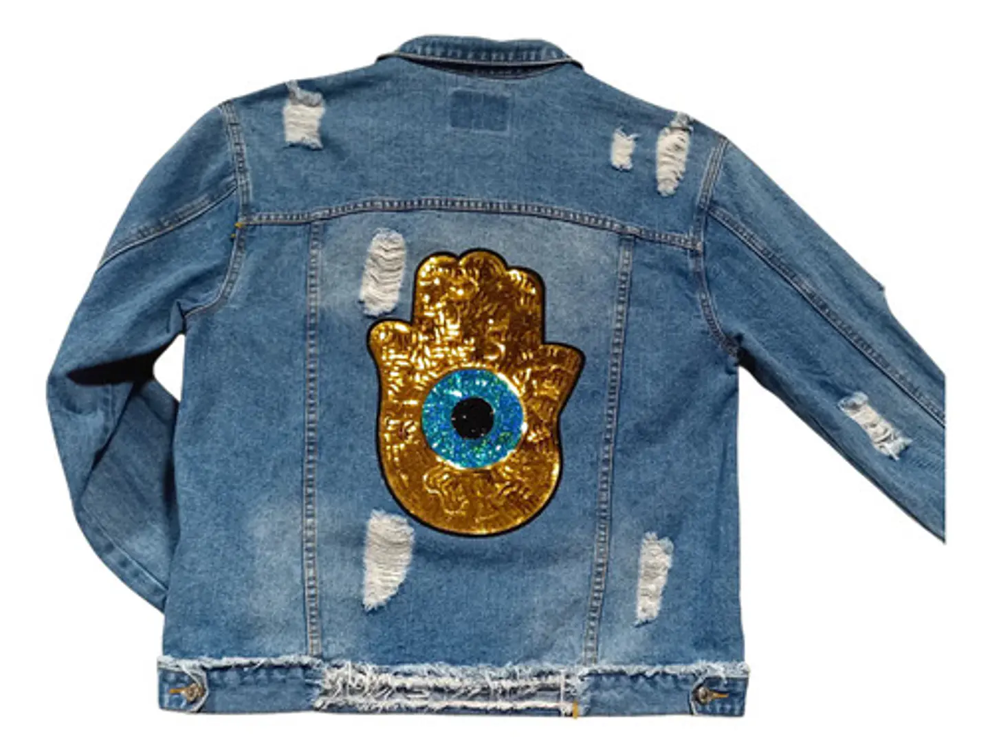 Chaqueta Mezclilla Unisex Roturas Y Mano De Hasma Lentejuela 7