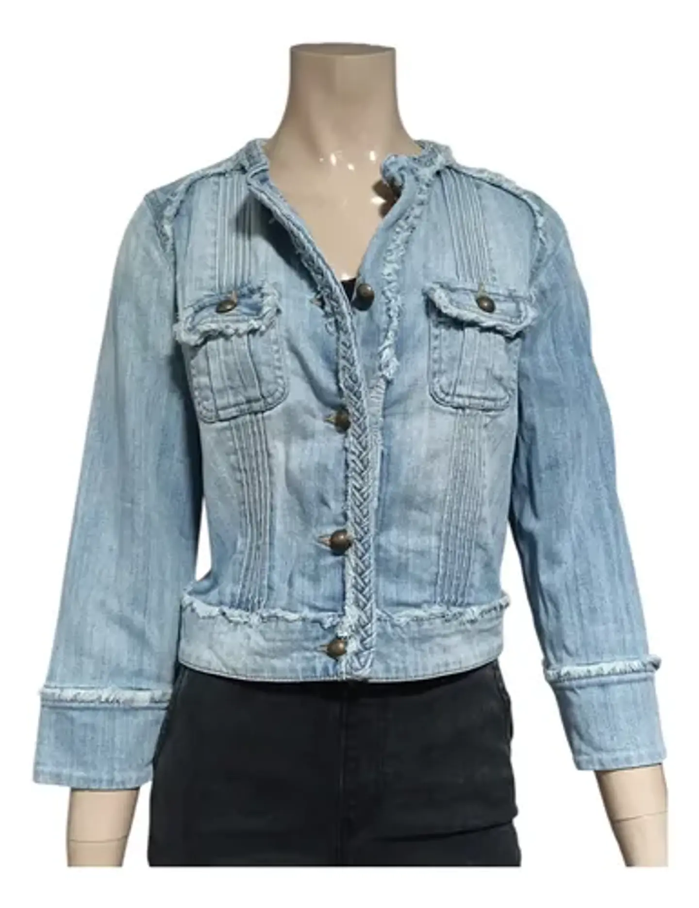 Chaqueta De Mezclilla Mango Corta Desflecada Mujer Talla S 2