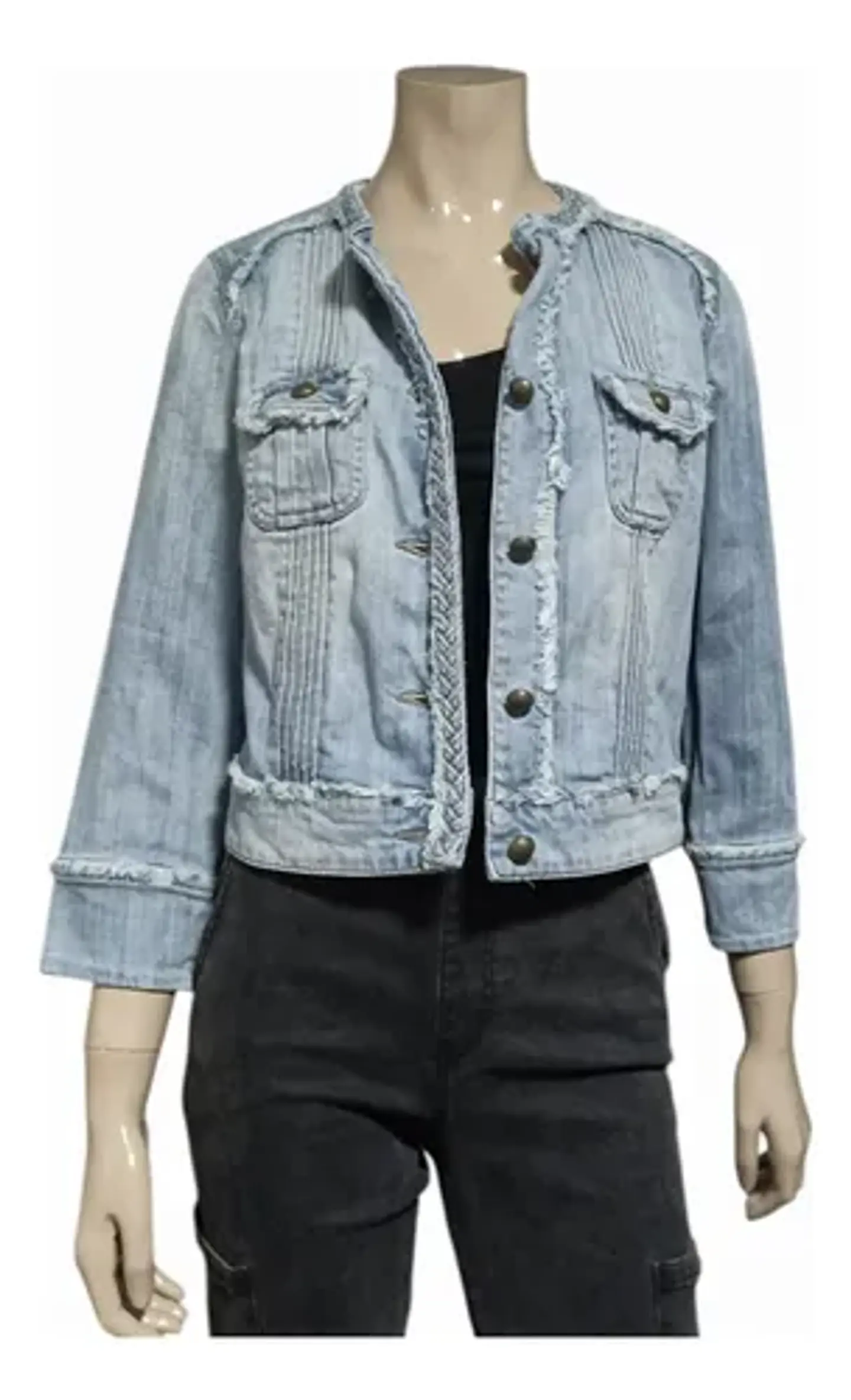 Chaqueta De Mezclilla Mango Corta Desflecada Mujer Talla S 3