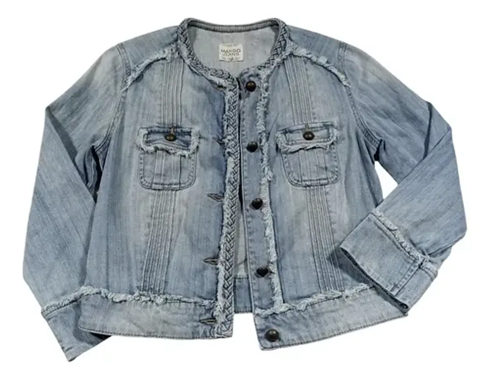 Chaqueta De Mezclilla Mango Corta Desflecada Mujer Talla S 5