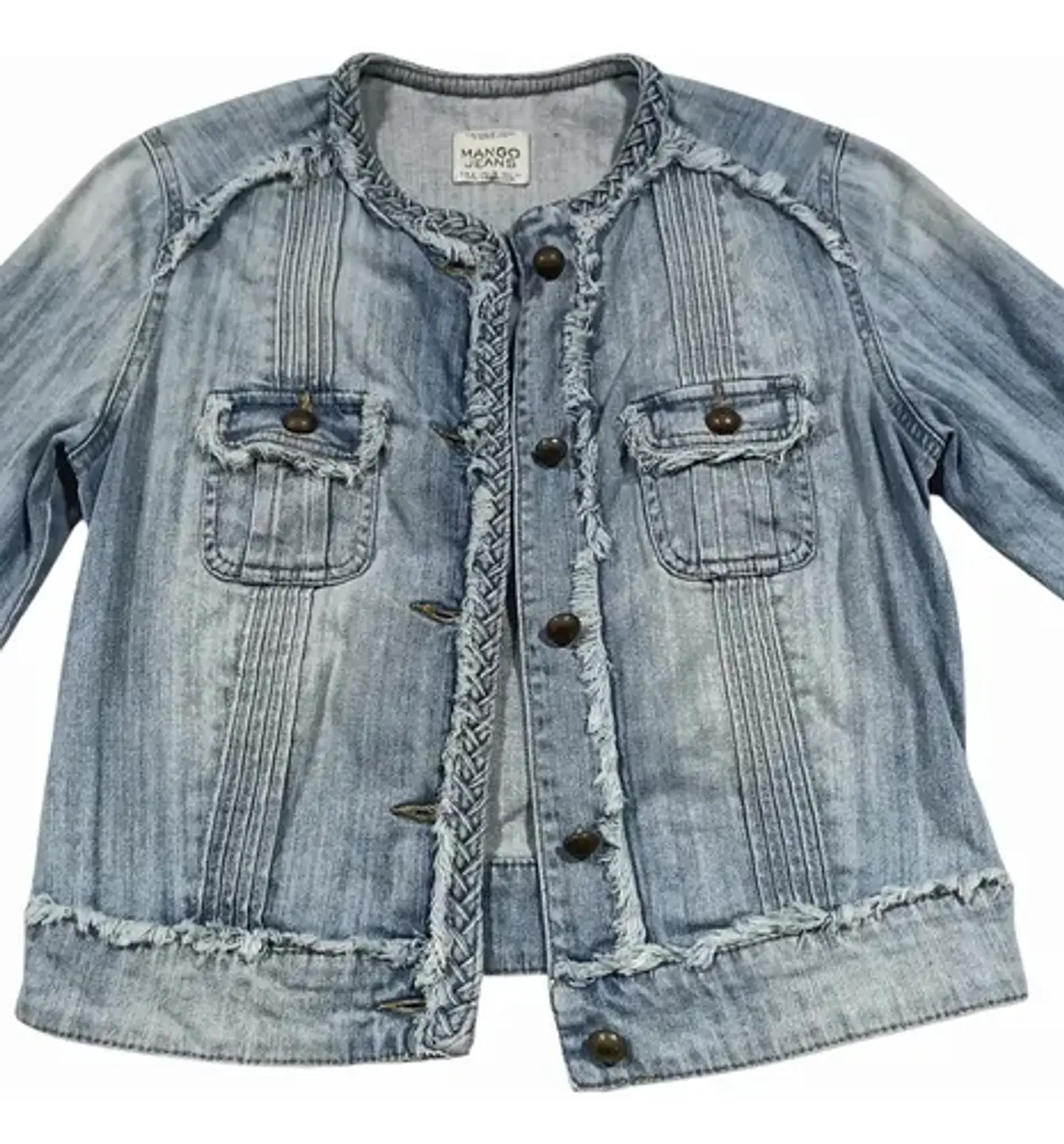 Chaqueta De Mezclilla Mango Corta Desflecada Mujer Talla S 6