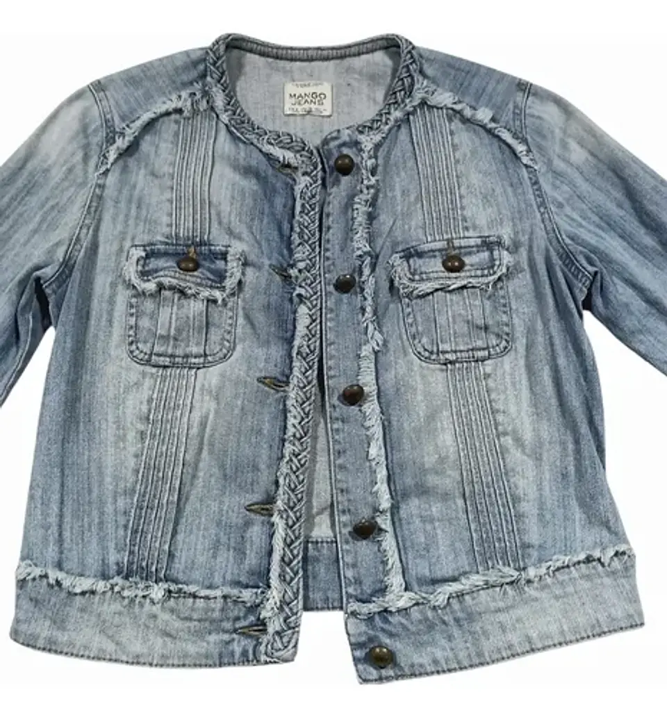 Chaqueta De Mezclilla Mango Corta Desflecada Mujer Talla S 6
