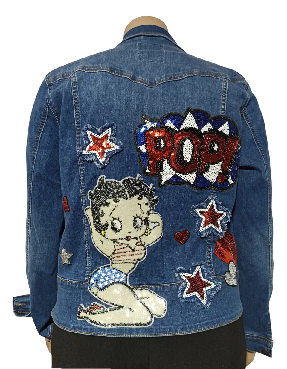 Chaqueta de Mezclilla Personalizada con Lentejuelas Diseño Betty Boop - Talla XL 9