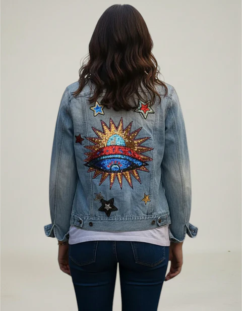 Chaqueta de Mezclilla Diseño Platillo Volador Lentejuelas - Talla M