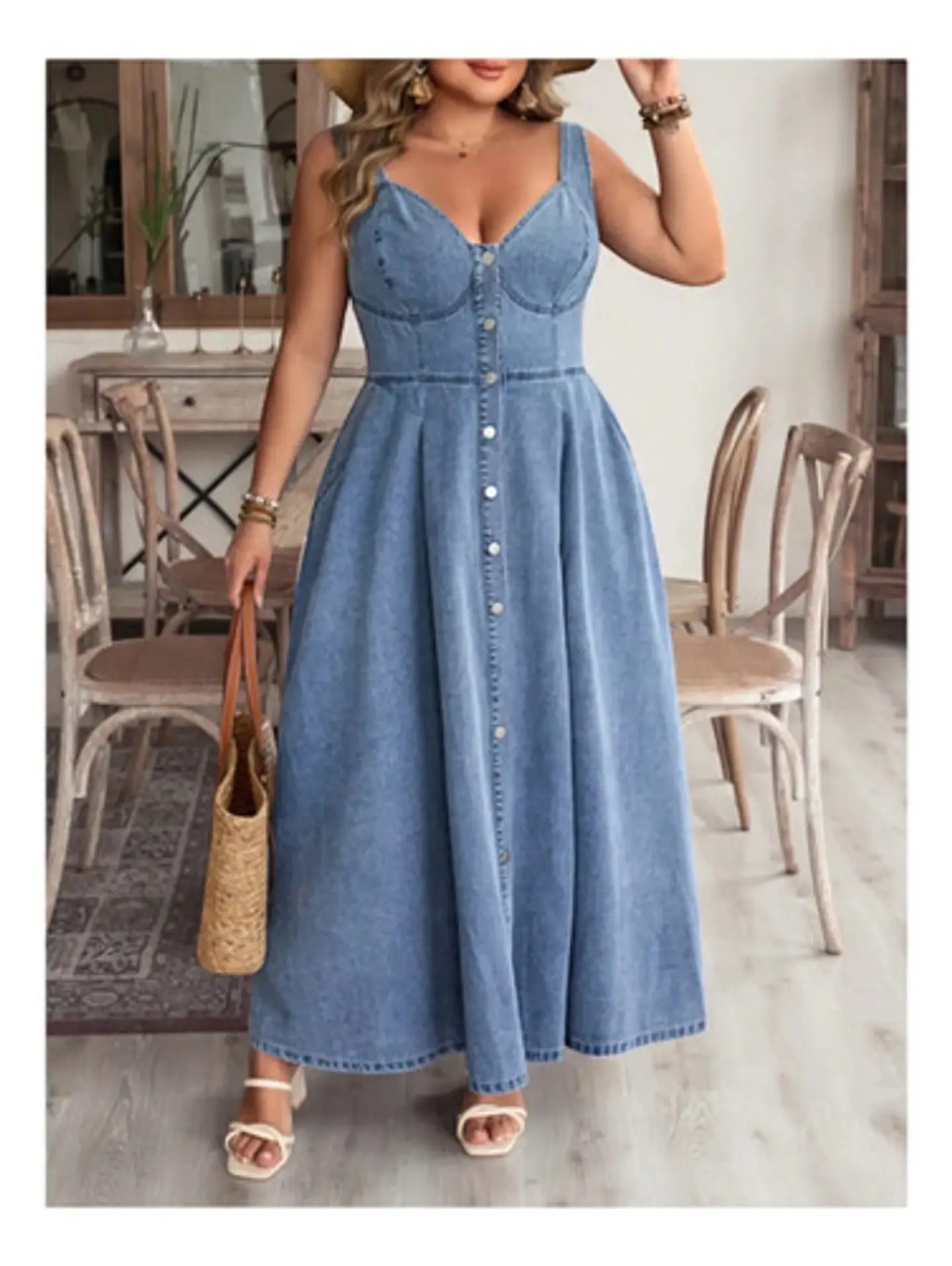 Maxi Vestido De Mezclilla Abotonado Estilo Corsé Xl - 2xl 2