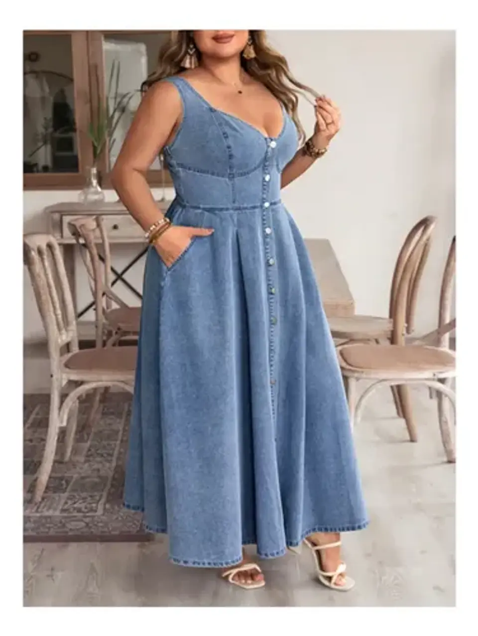Maxi Vestido De Mezclilla Abotonado Estilo Corsé Xl - 2xl 3