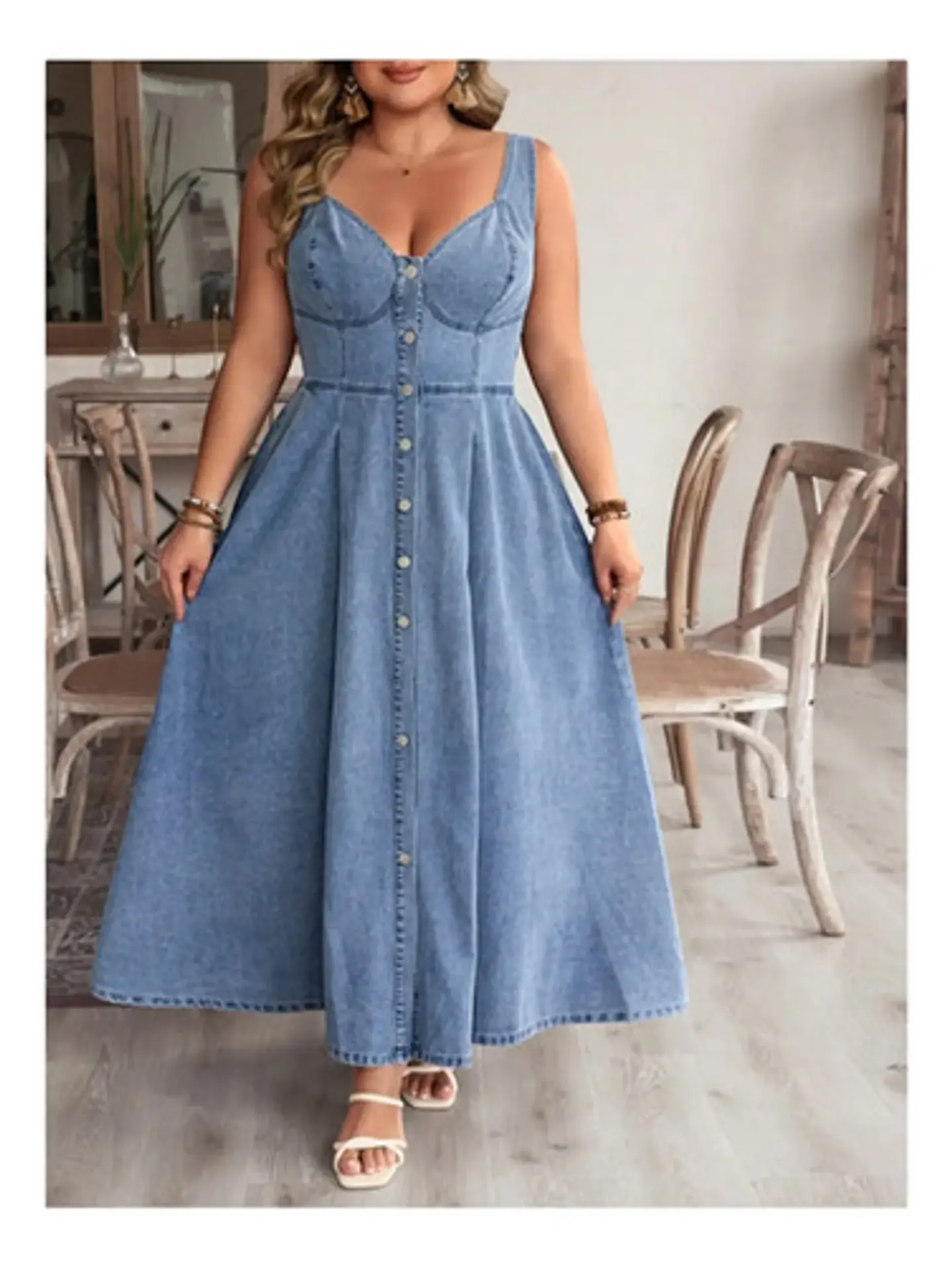 Maxi Vestido De Mezclilla Abotonado Estilo Corsé Xl - 2xl 6