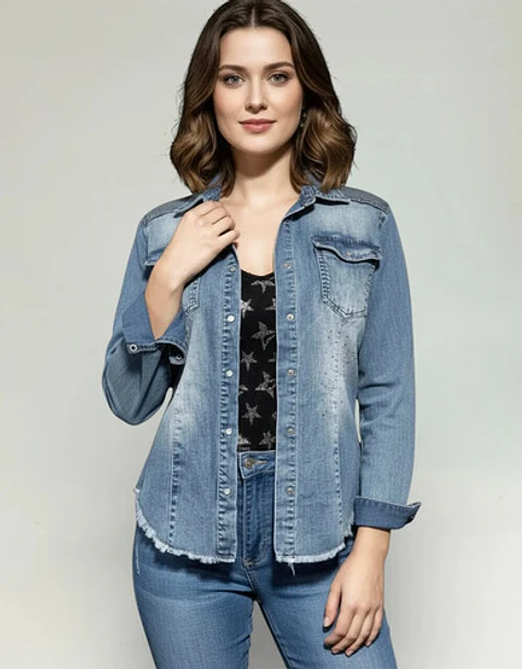 Camisa De Mezclilla Con Lentejuelas Y Pedrería Talla M - L