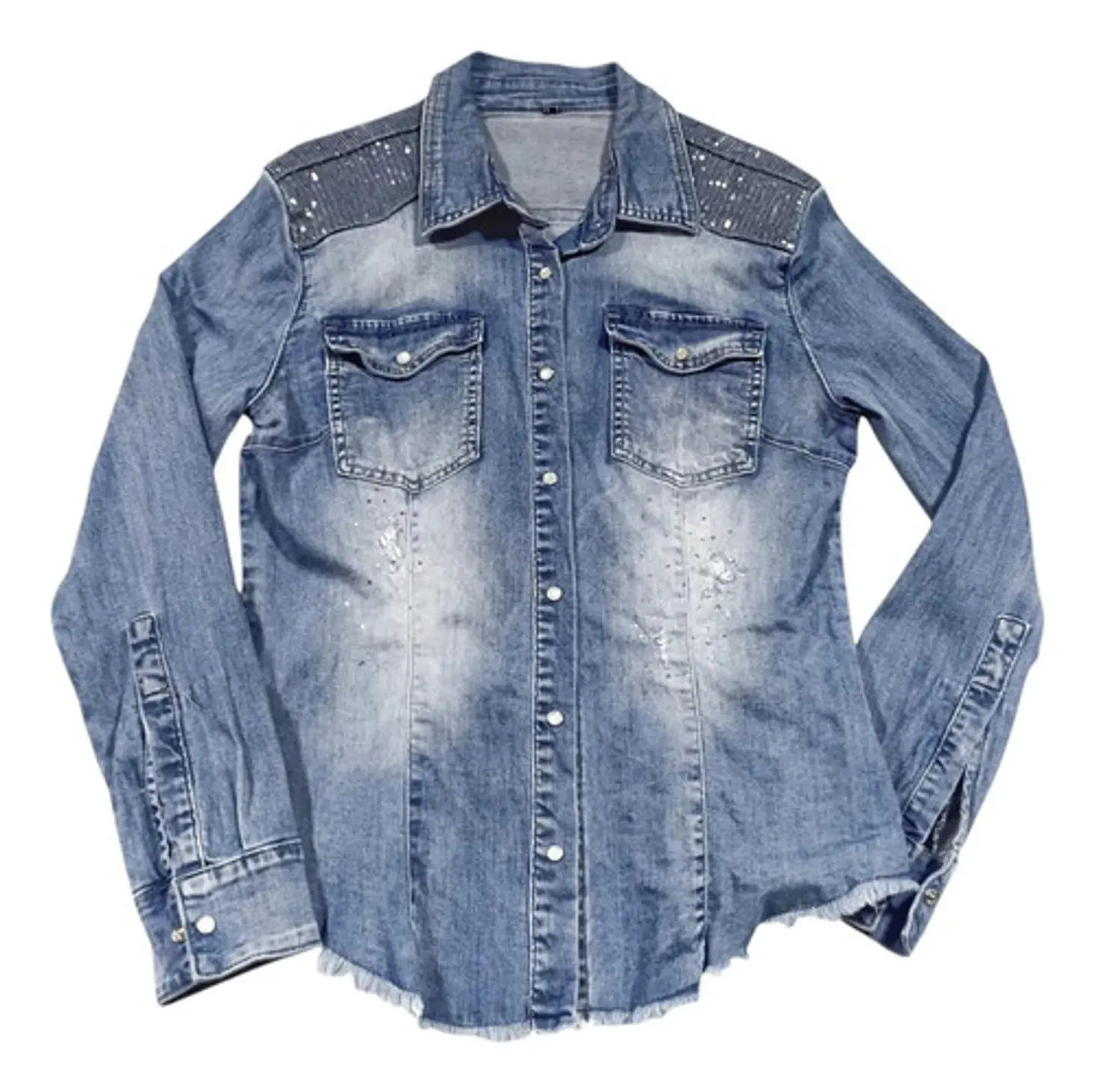 Camisa De Mezclilla Con Lentejuelas Y Pedrería Talla M - L 2