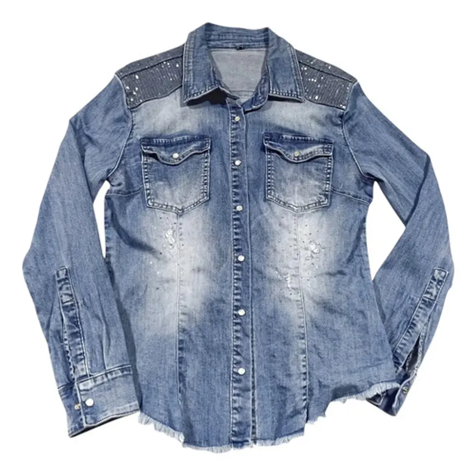 Camisa De Mezclilla Con Lentejuelas Y Pedrería Talla M - L 2