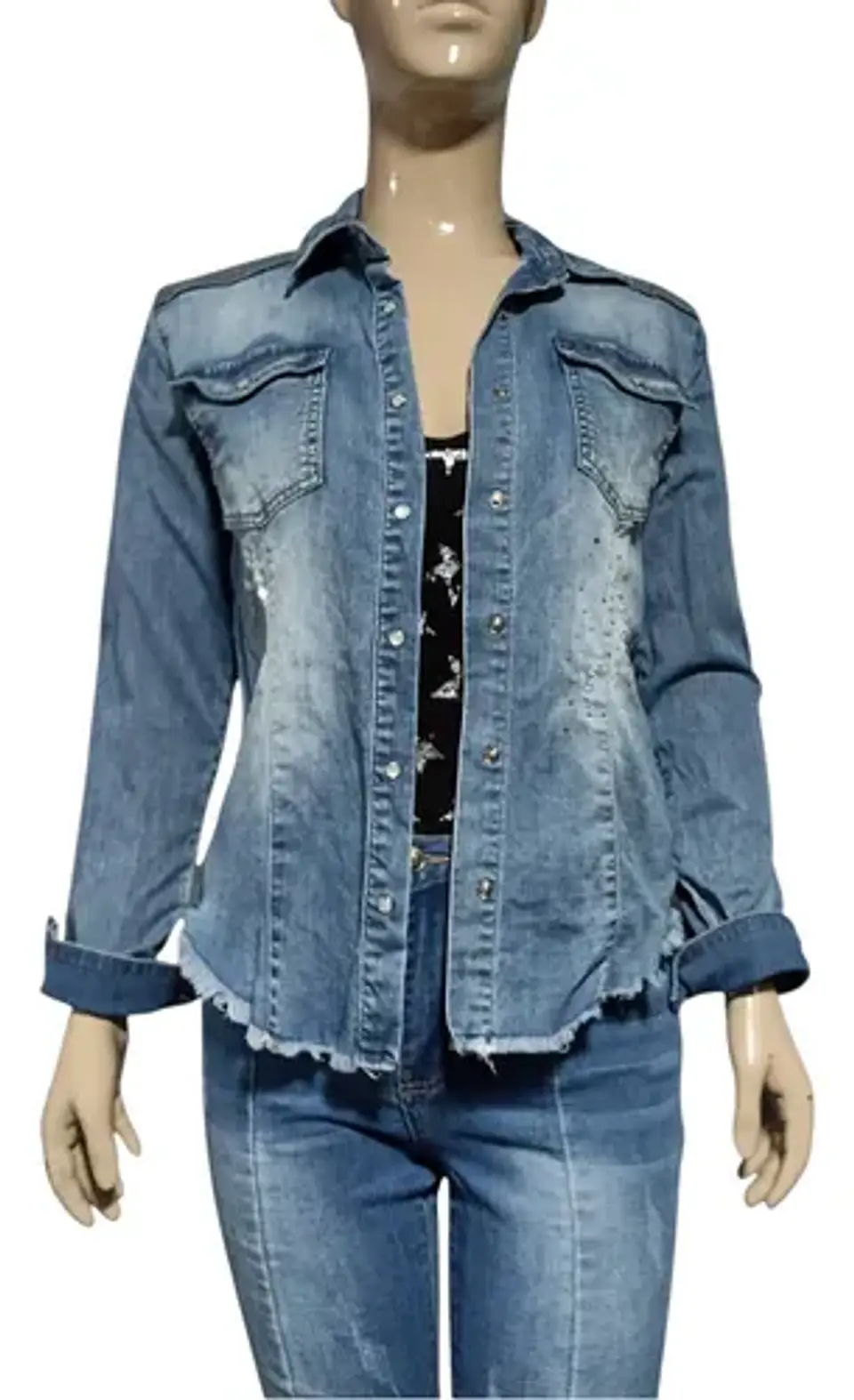 Camisa De Mezclilla Con Lentejuelas Y Pedrería Talla M - L 4