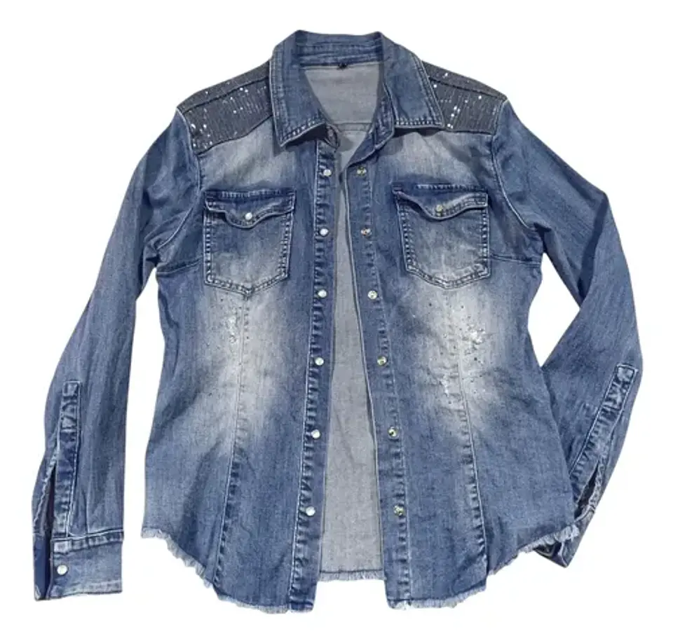 Camisa De Mezclilla Con Lentejuelas Y Pedrería Talla M - L 7