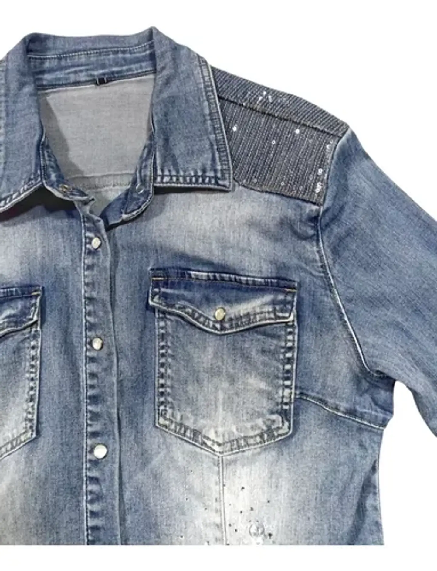 Camisa De Mezclilla Con Lentejuelas Y Pedrería Talla M - L 8
