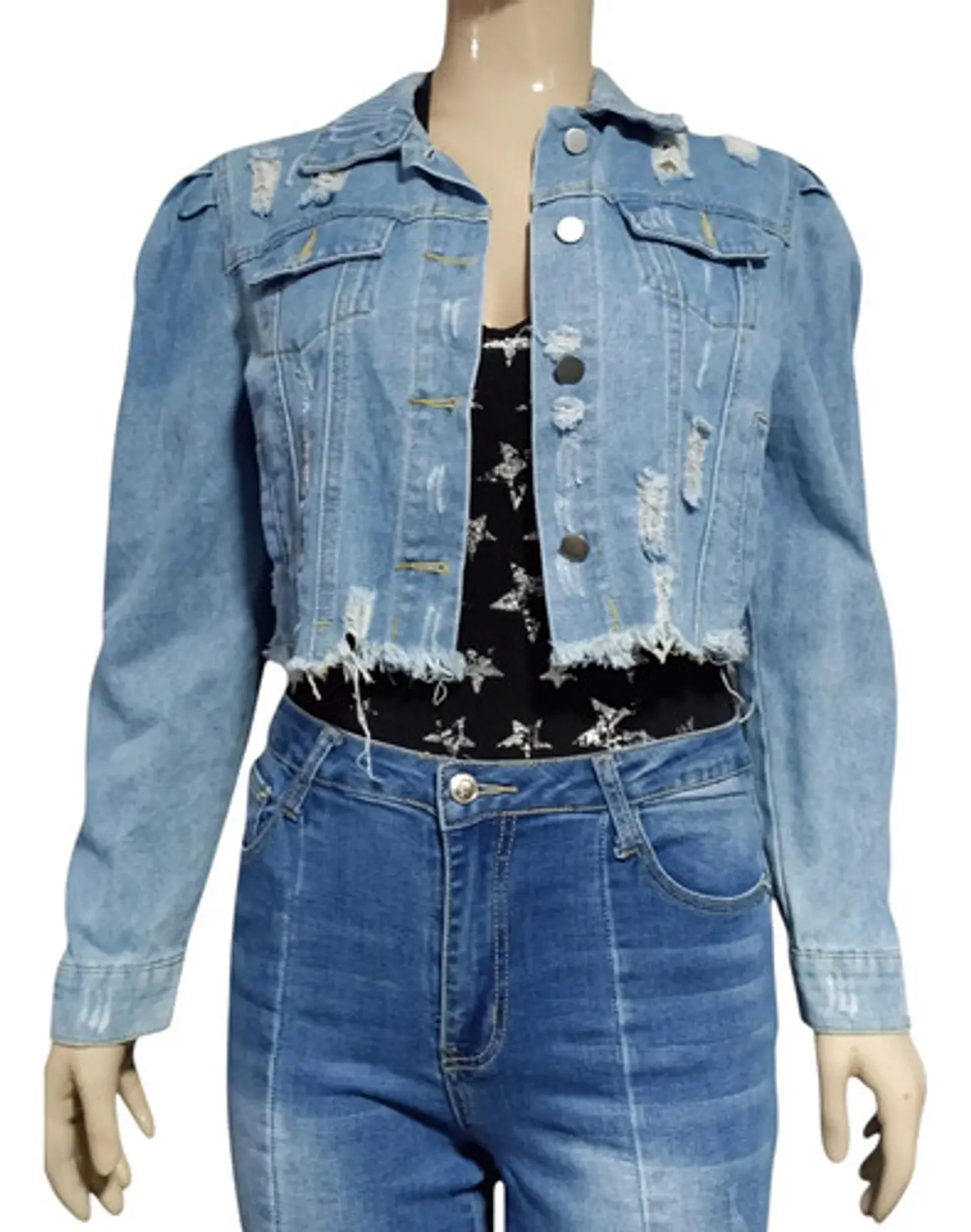Chaqueta De Mezclilla Corta Con Diseño Rasgado Talla M - L 2