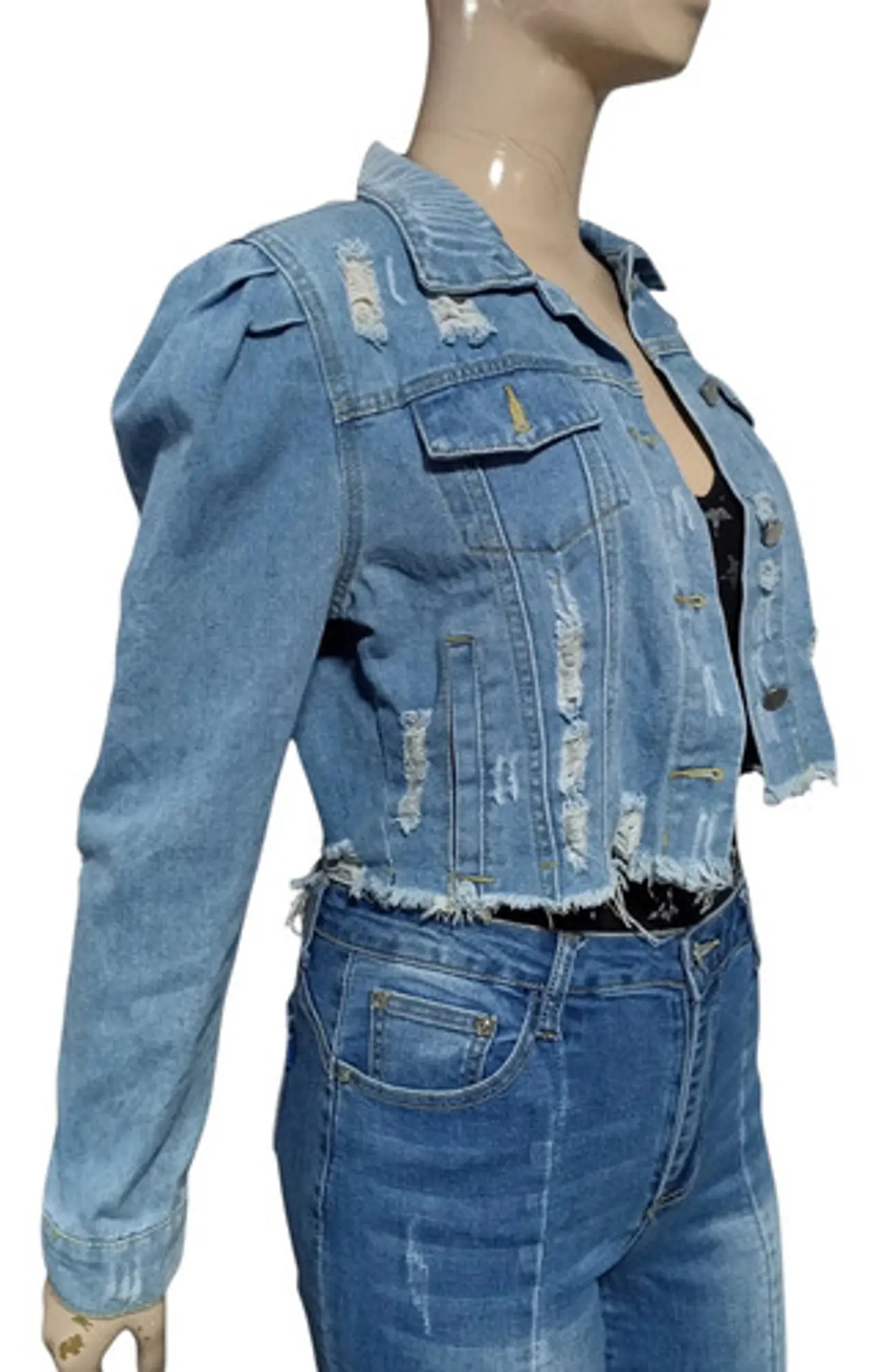 Chaqueta De Mezclilla Corta Con Diseño Rasgado Talla M - L 3