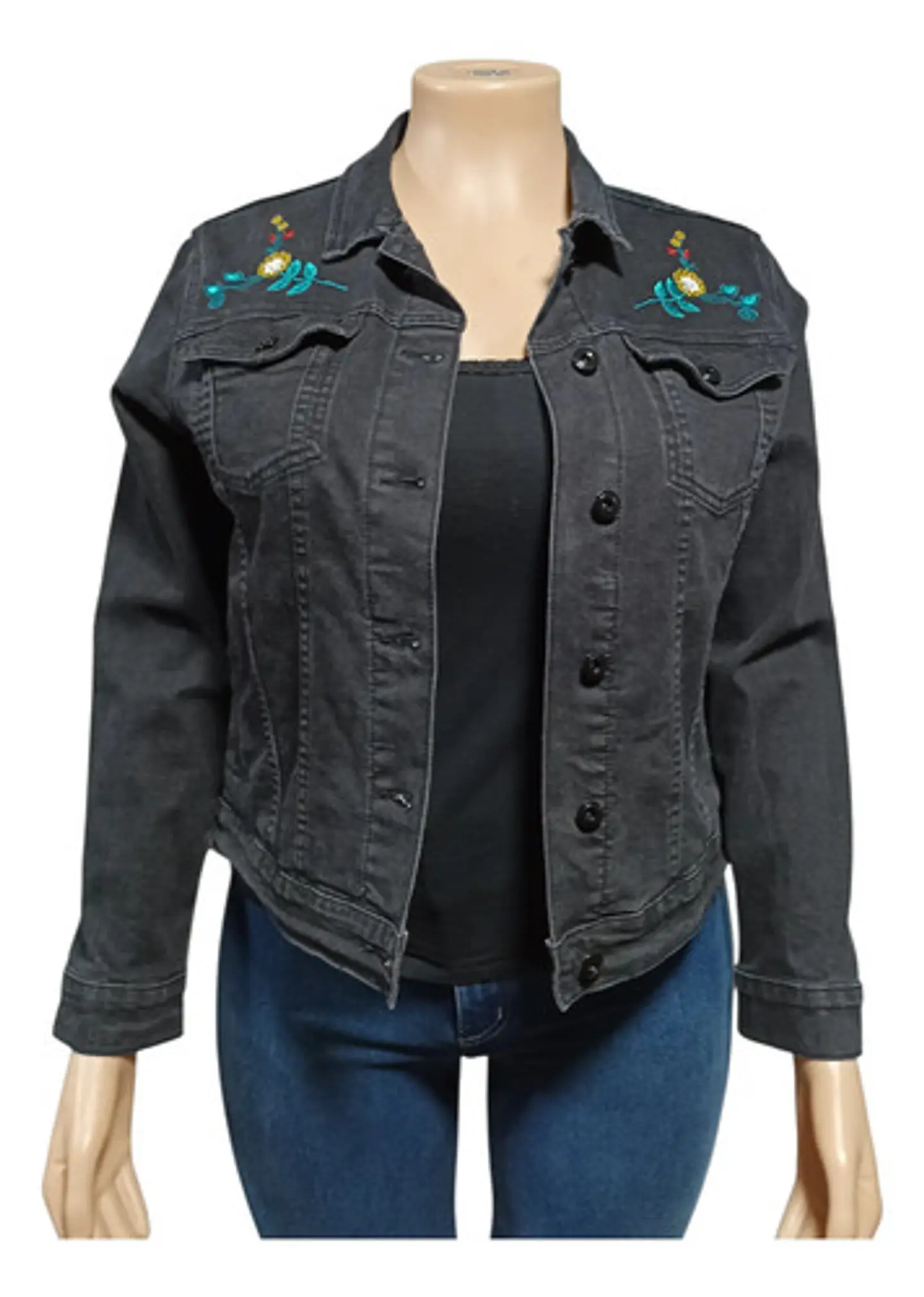 Chaqueta Mezclilla Curvi Negra Con Bordados Y Lentejuelas 2