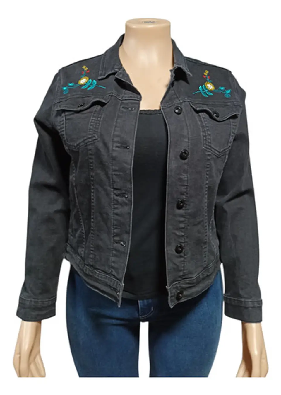 Chaqueta Mezclilla Curvi Negra Con Bordados Y Lentejuelas 2