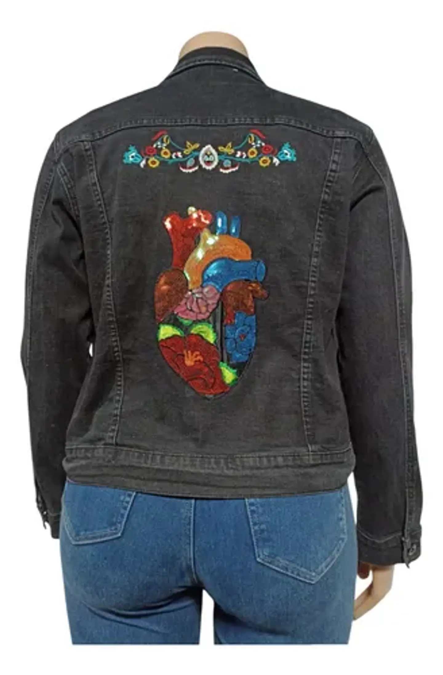 Chaqueta Mezclilla Curvi Negra Con Bordados Y Lentejuelas 3