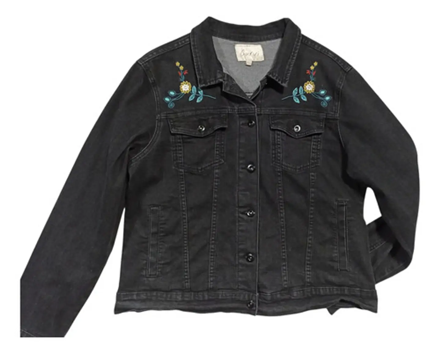 Chaqueta Mezclilla Curvi Negra Con Bordados Y Lentejuelas 5