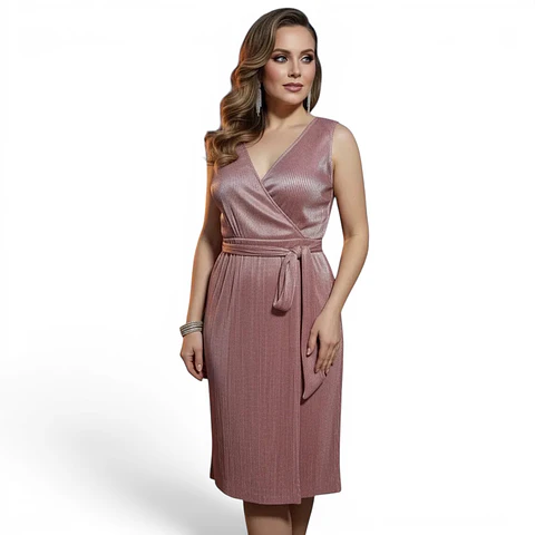 Vestido de Fiesta Midi Plisado Rosa Metalizado - Talla L
