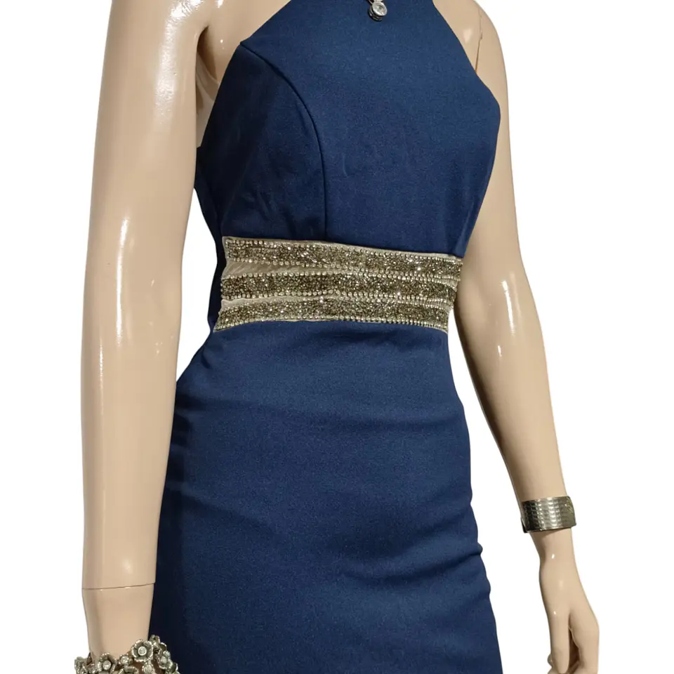 Vestido de Fiesta Cuello Halter Cintura Strass - Talla S 4