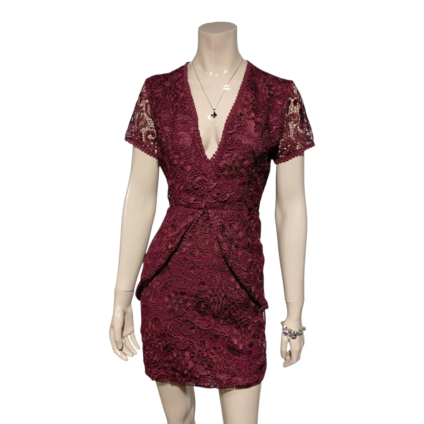 Mini Vestido de Fiesta de Encaje Burdeo - Talla S 5
