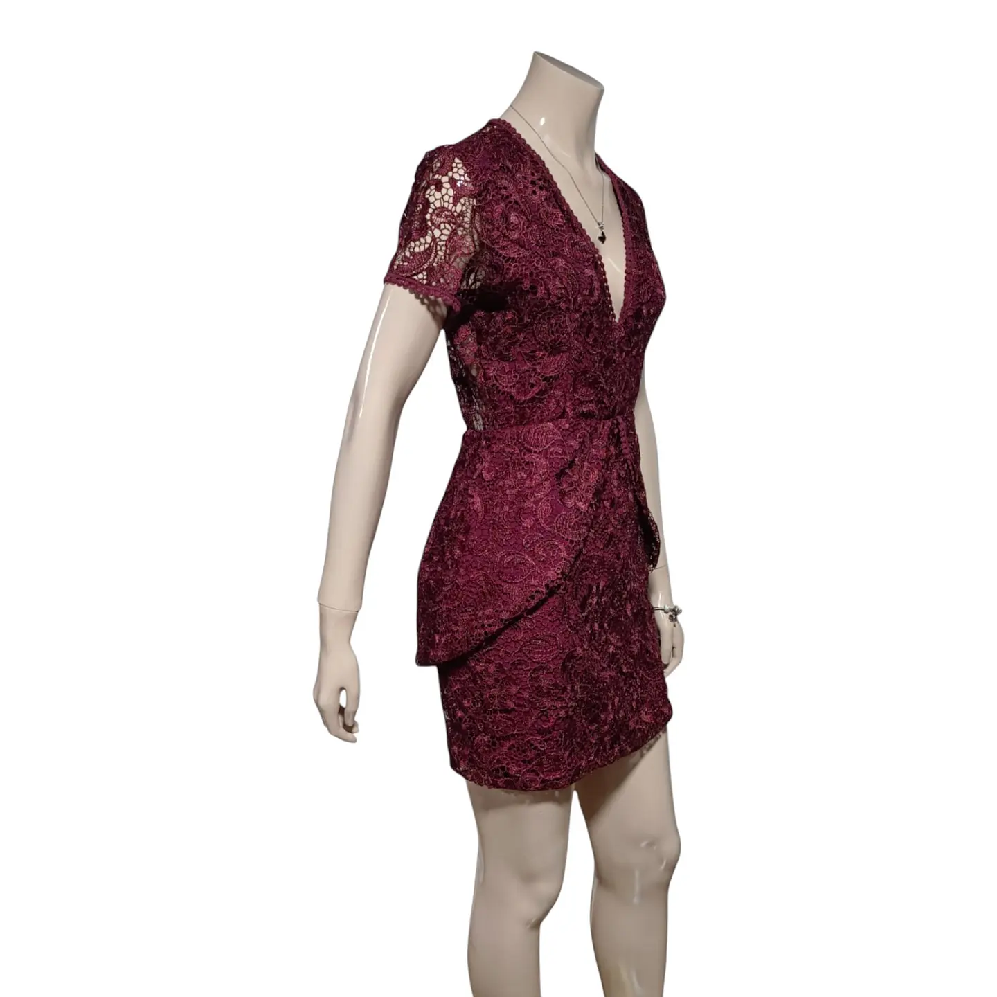 Mini Vestido de Fiesta de Encaje Burdeo - Talla S 6