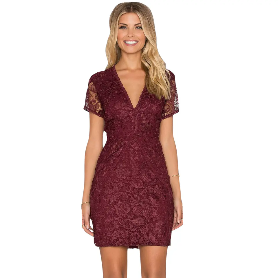 Mini Vestido de Fiesta de Encaje Burdeo - Talla S 2