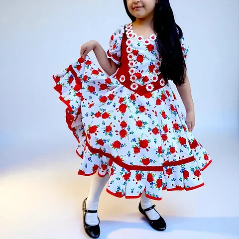 Vestido Huasa China Estampado Floral Para Niña 6 A 8 Años