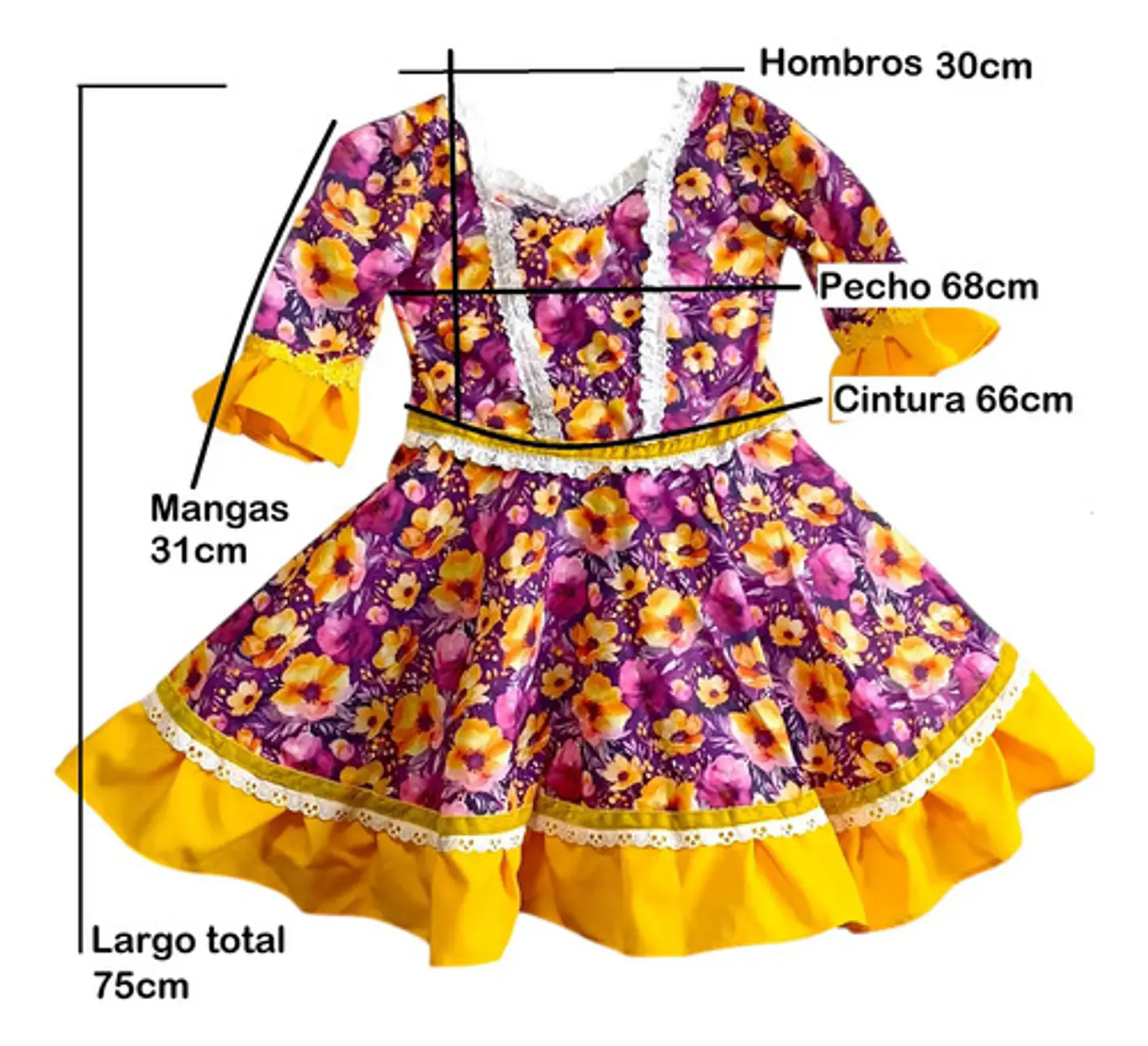 Vestido Huasa China Manga 3/4 -  Para Niña De 6 A 7 Años 12