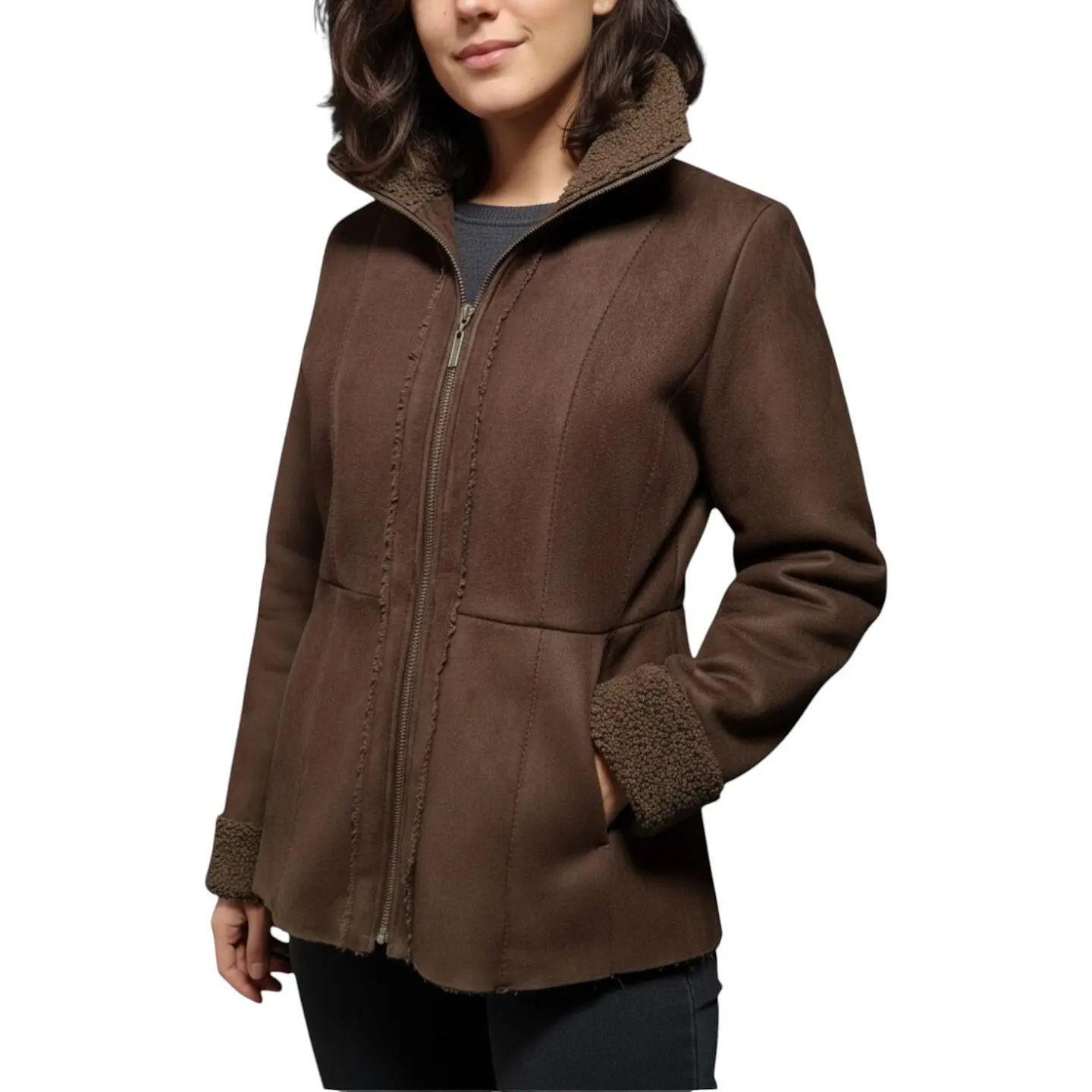 Chaqueta Gamulán Cuello Alto de Gamuza y Piel Sintética Talla L 1